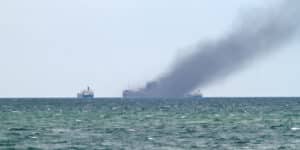 A ship with electric cars catches fire